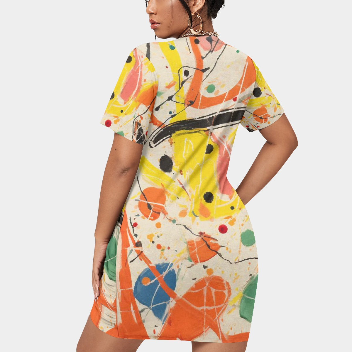 All-Over Print Women’s Stacked Hem Dress With Short Sleeve（Plus Size）