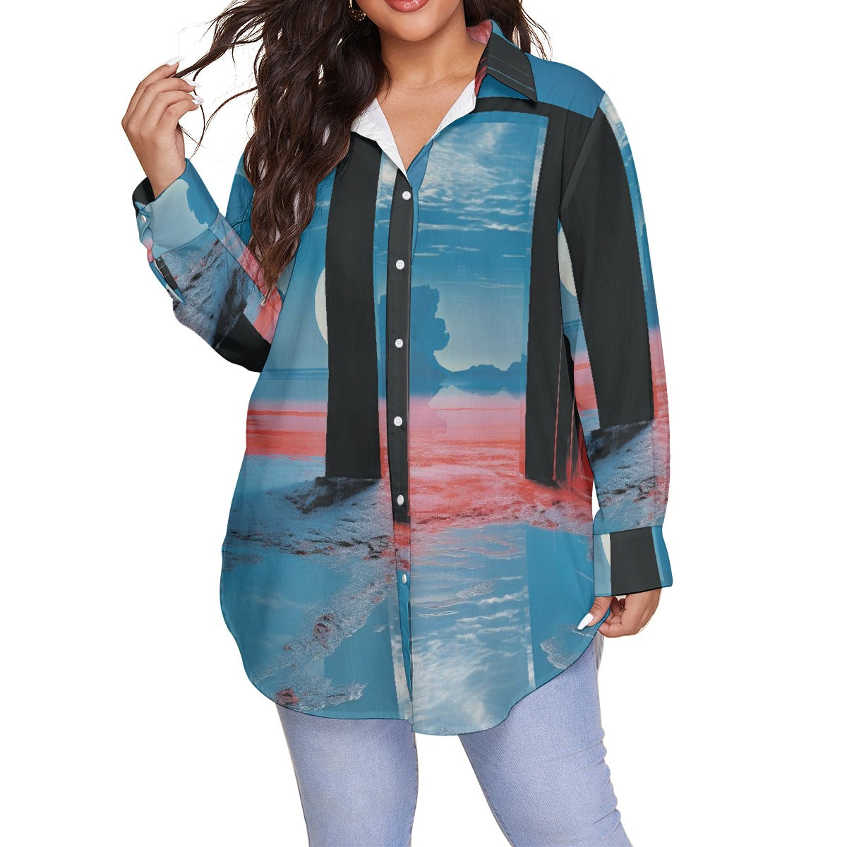 All-Over Print Women's Shirt With Long Sleeve(Plus Size)