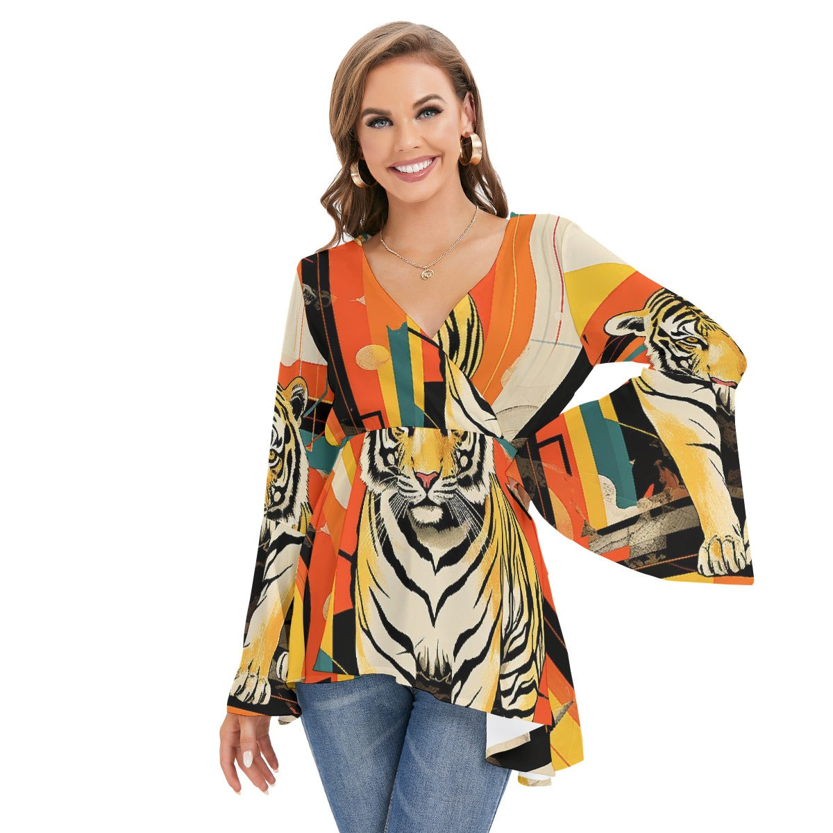 All-Over Print Women's V-neck Blouse With Flared Sleeves