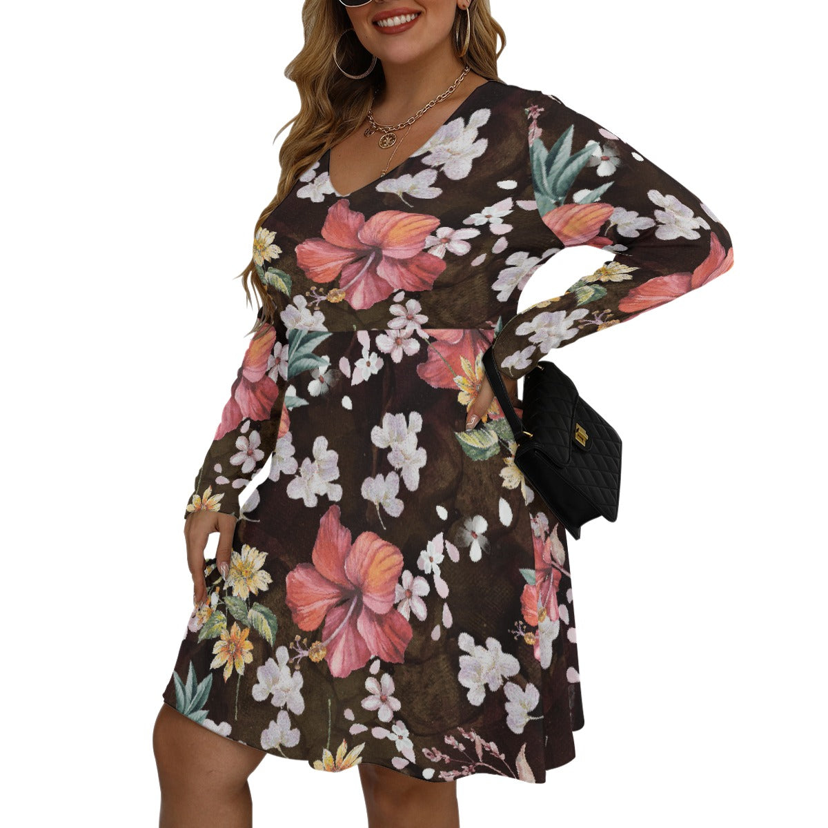 All-Over Print Women's V-neck Long Sleeve Dress(Plus Size)