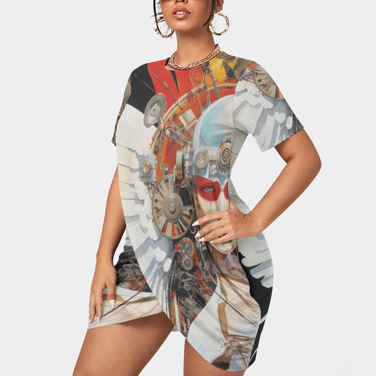 All-Over Print Women’s Stacked Hem Dress With Short Sleeve（Plus Size）