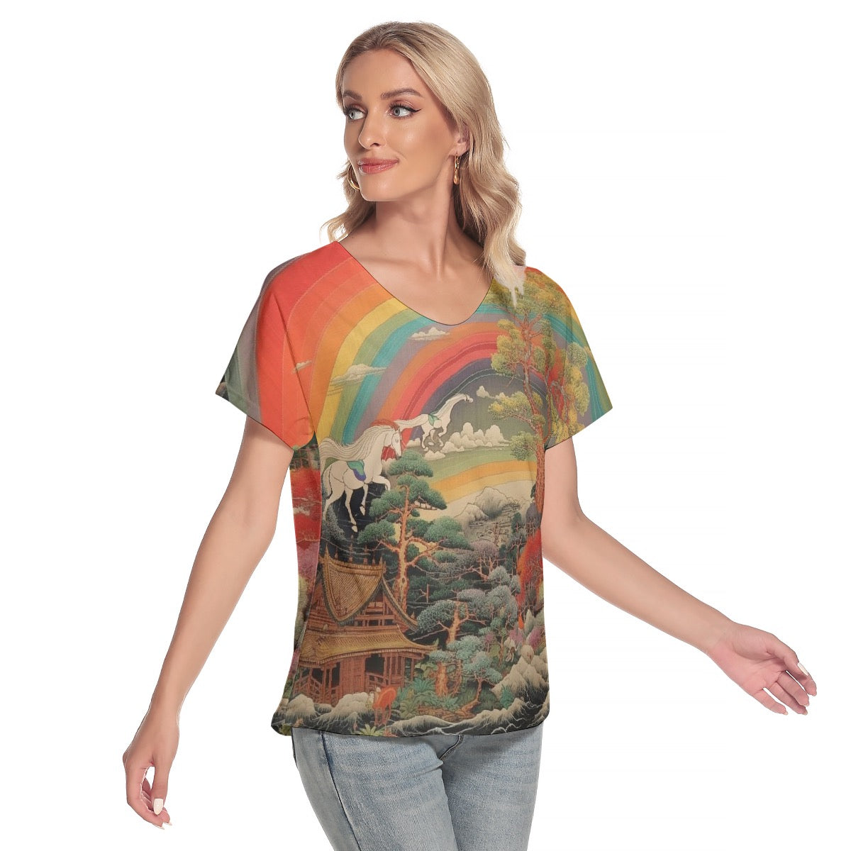 All-Over Print Women's Loose V-neck Short Sleeve T-shirt