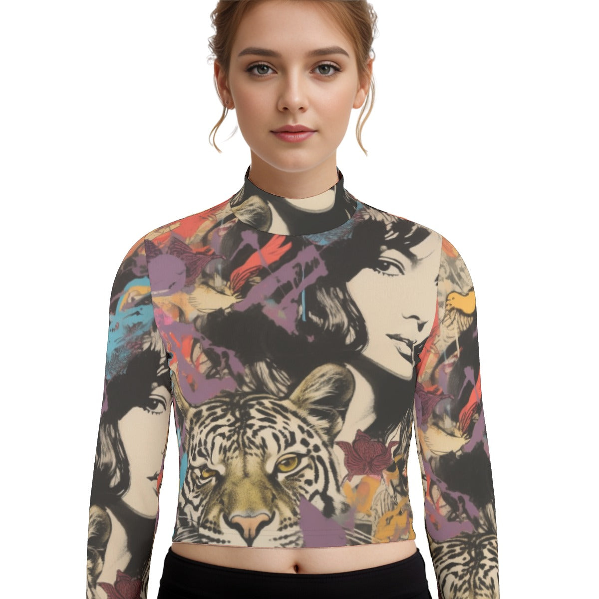 Eco-Friendly All-Over Print Women's Turtleneck T-shirt With Long Sleeve