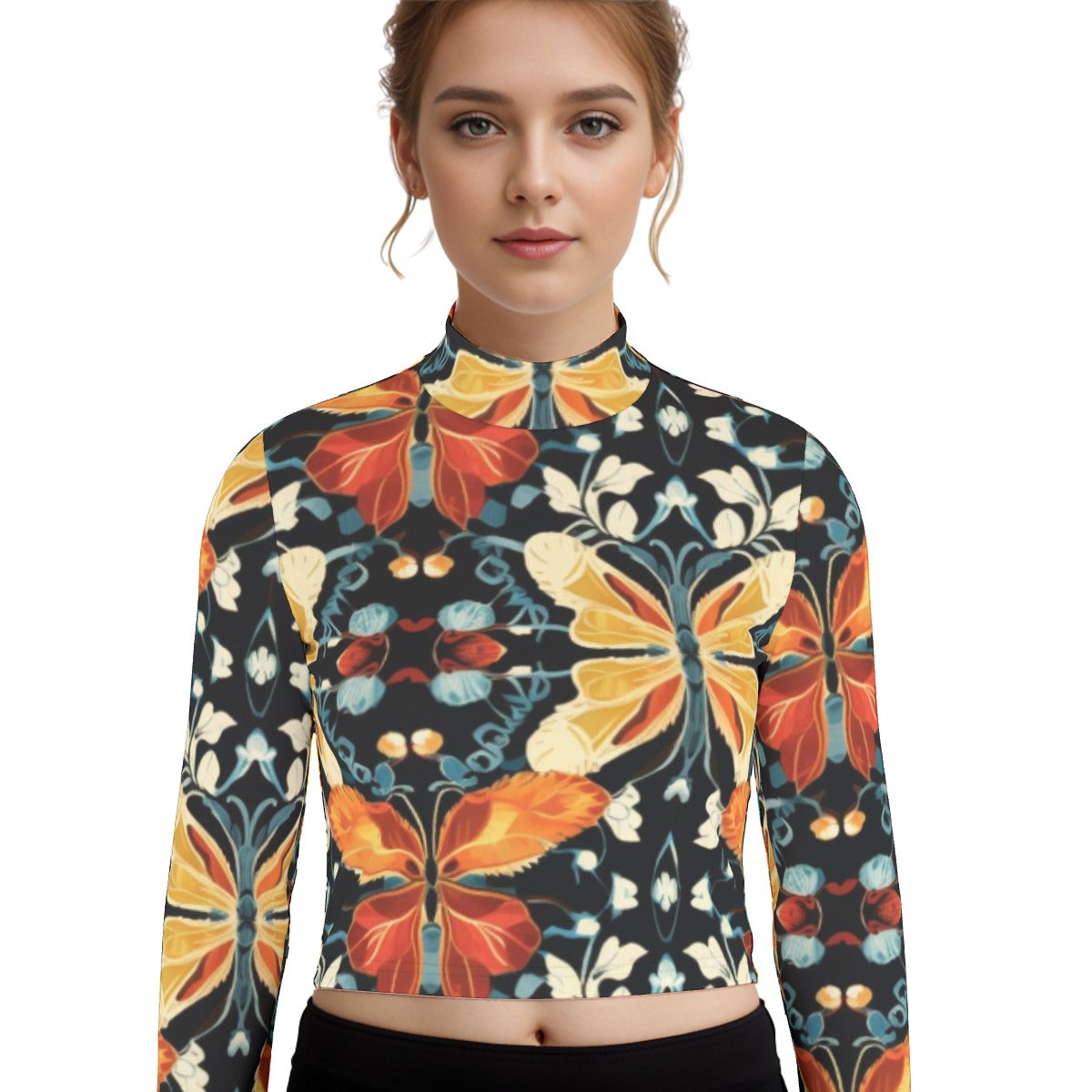 Eco-Friendly All-Over Print Women's Turtleneck T-shirt With Long Sleeve