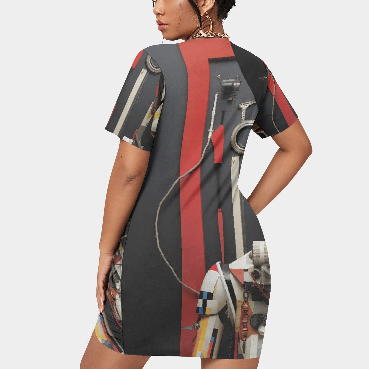 All-Over Print Women’s Stacked Hem Dress With Short Sleeve（Plus Size）