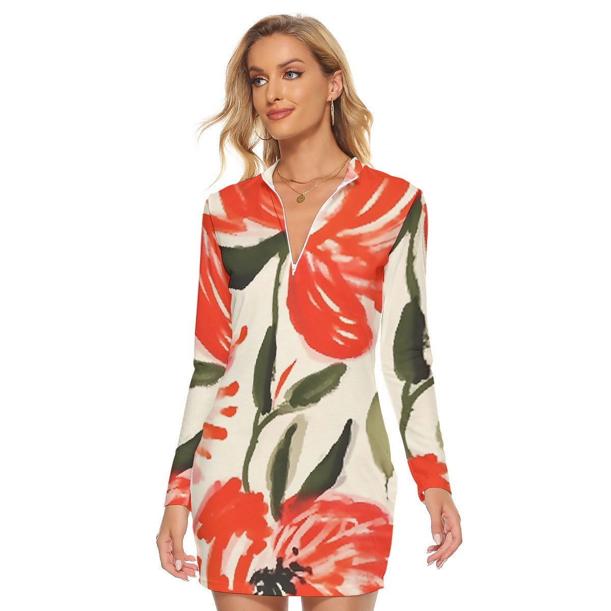 All-Over Print Women's Zip Front Tight Dress