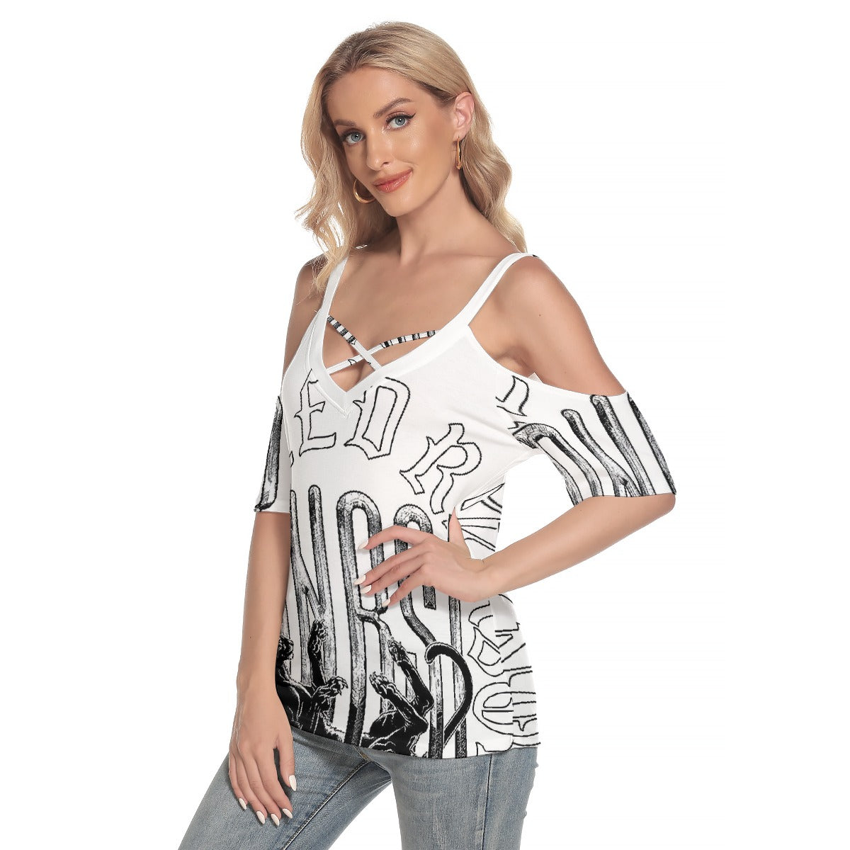 All-Over Print Women's Cold Shoulder T-shirt With Criss Cross Strips