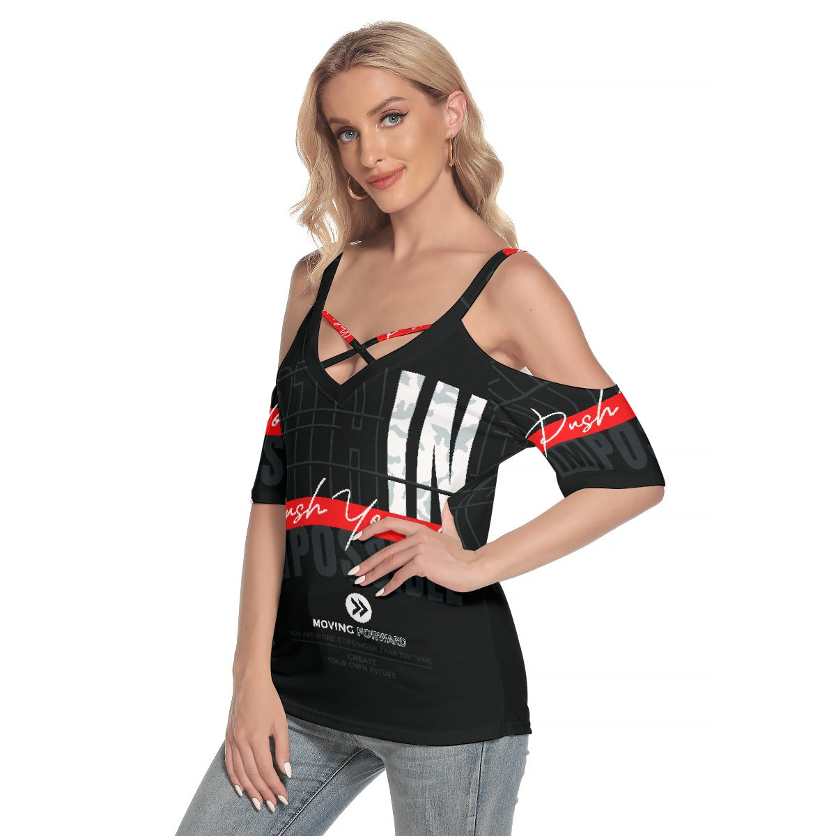 All-Over Print Women's Cold Shoulder T-shirt With Criss Cross Strips