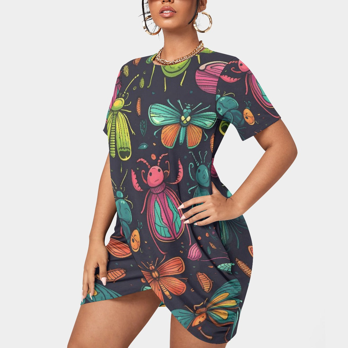 All-Over Print Women’s Stacked Hem Dress With Short Sleeve（Plus Size）