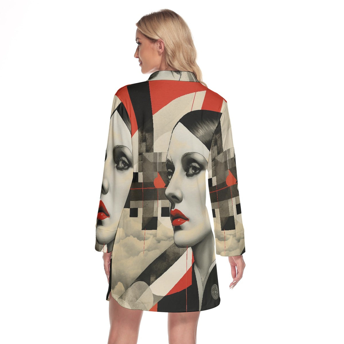 All-Over Print Women's Lapel Shirt Dress With Long Sleeve