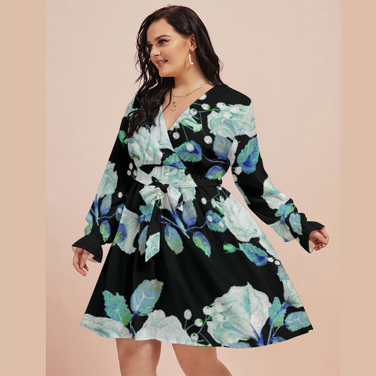 All-Over Print Women's V-neck Dress With Waistband(Plus Size)