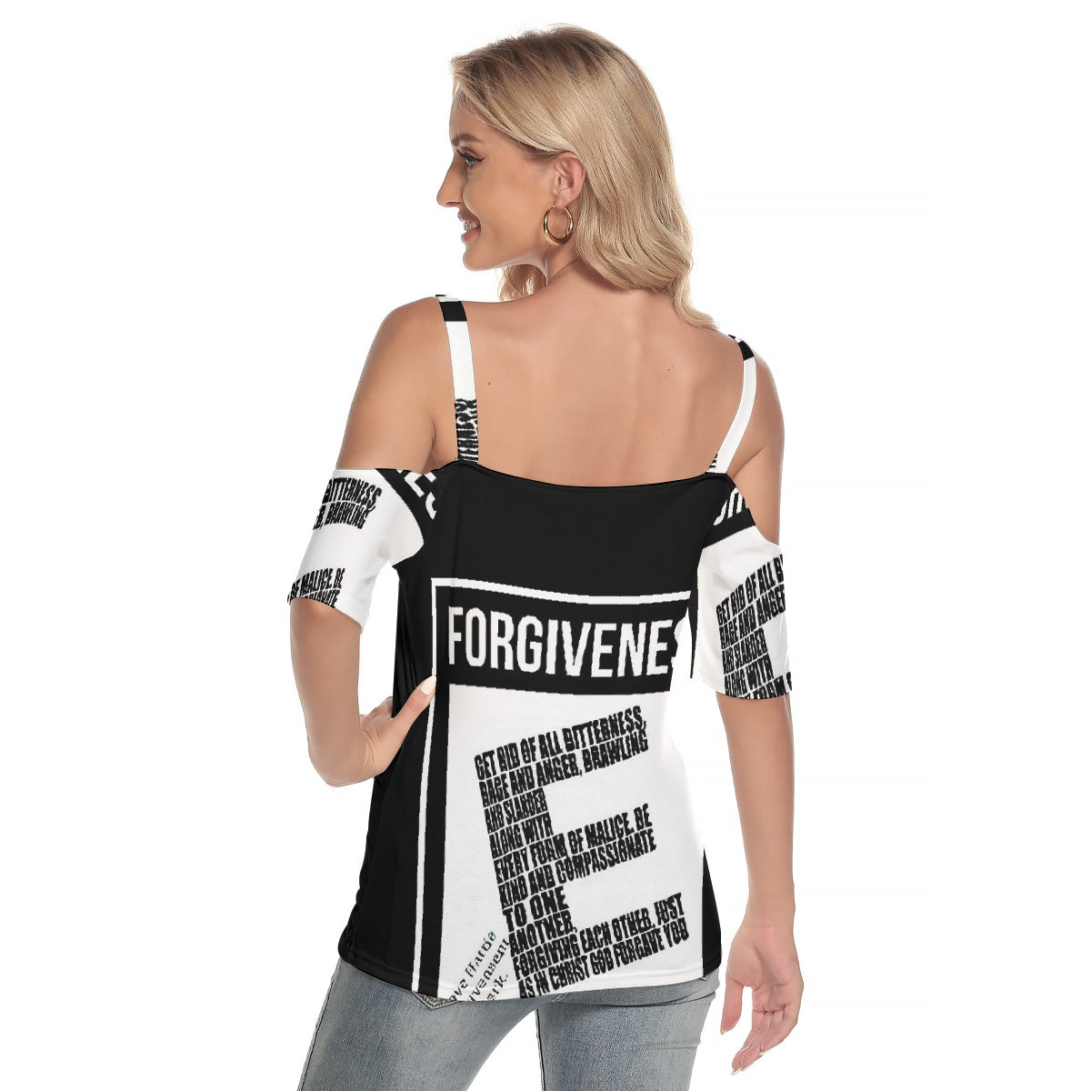 All-Over Print Women's Cold Shoulder T-shirt With Criss Cross Strips