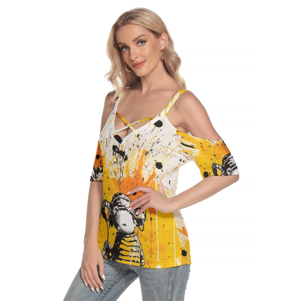 All-Over Print Women's Cold Shoulder T-shirt With Criss Cross Strips