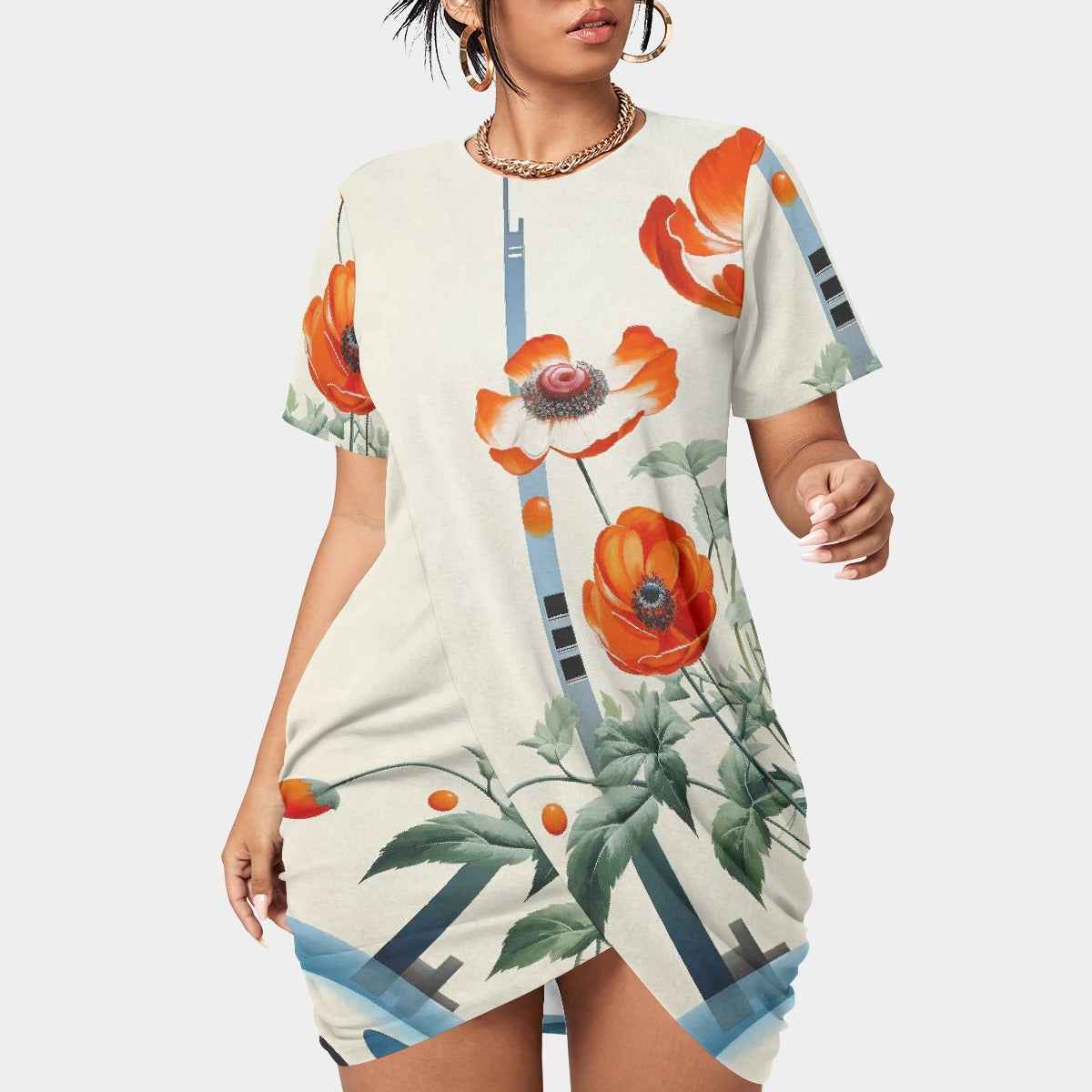 All-Over Print Women’s Stacked Hem Dress With Short Sleeve（Plus Size）