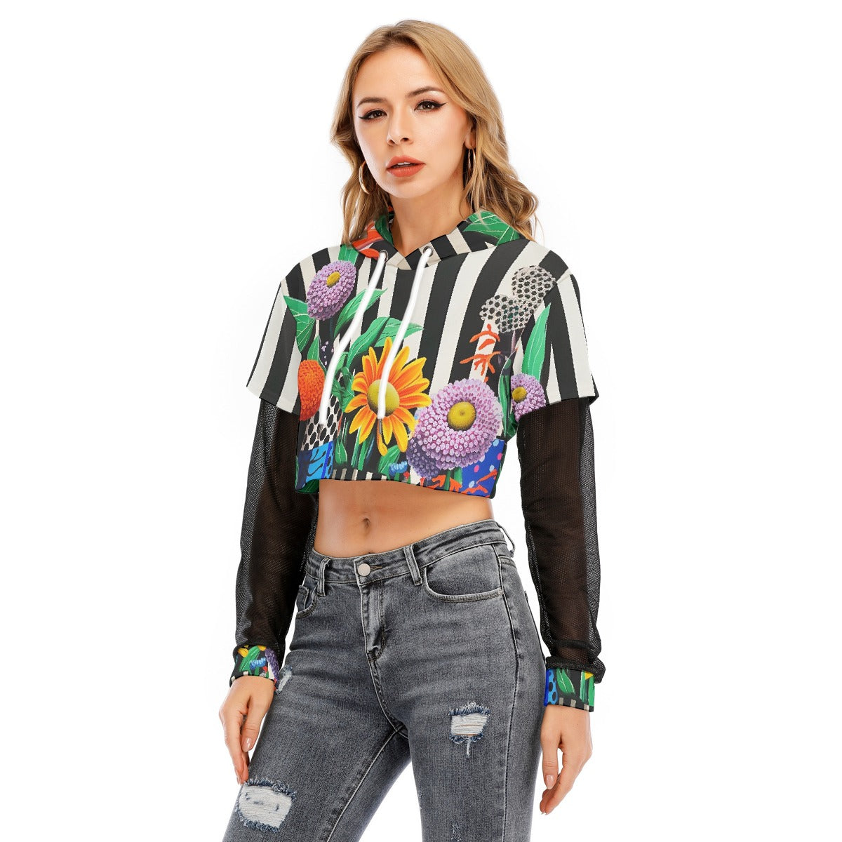 All-Over Print Women's Fake Two-piece Mesh Sleeve Cropped Hoodie