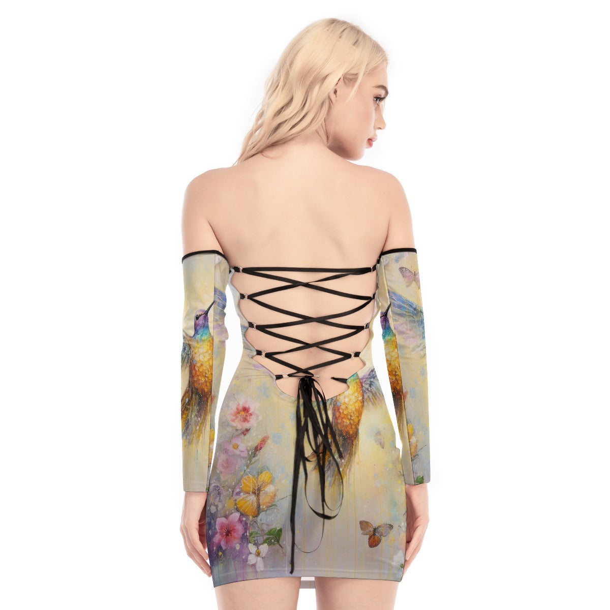 All-Over Print Women's Off-shoulder Back Lace-up Dress