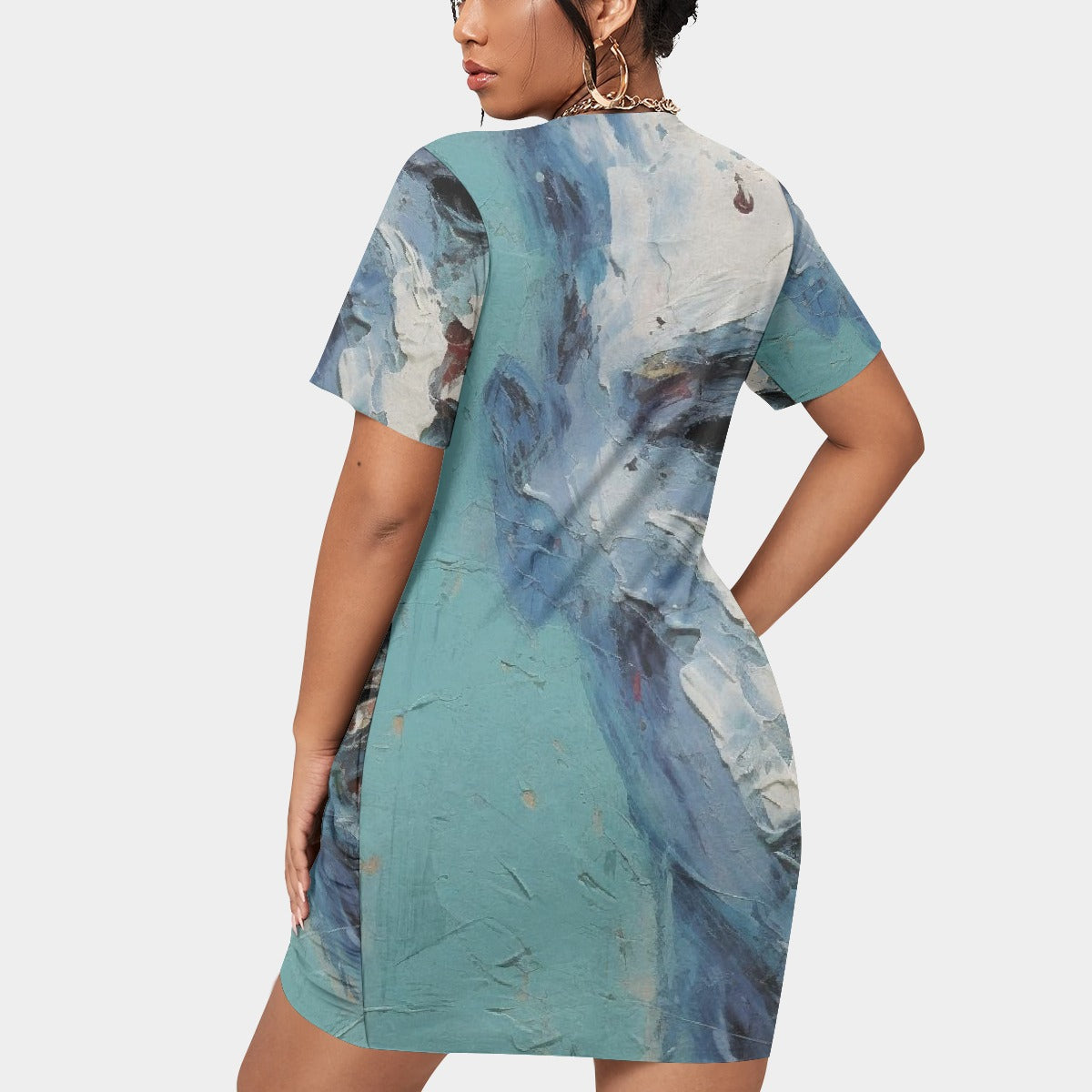 All-Over Print Women’s Stacked Hem Dress With Short Sleeve（Plus Size）