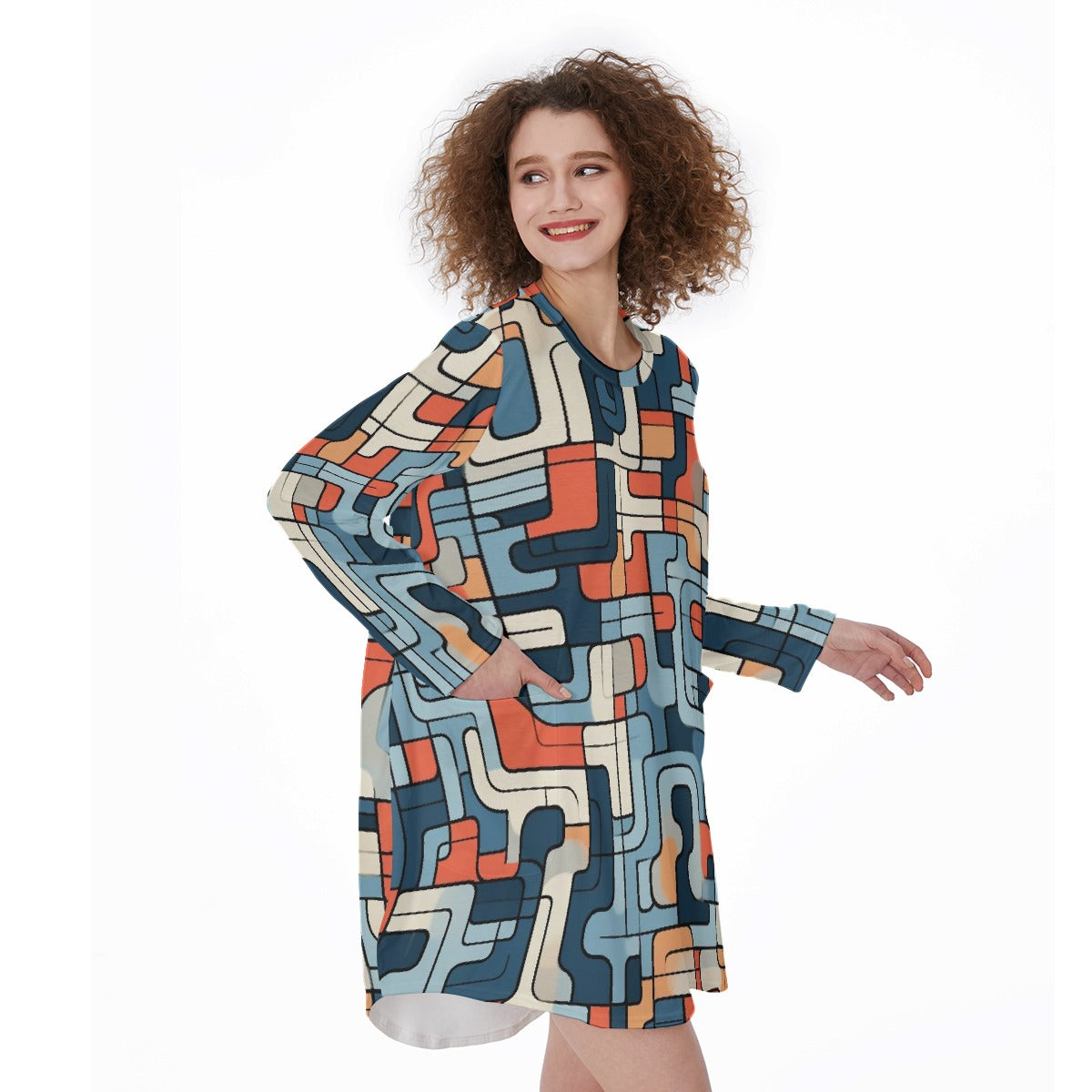 All-Over Print Women's Casual Loose Long Sleeve Dress With Pocket