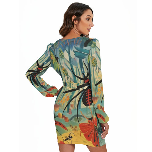 All-Over Print Women's Long Sleeve Dress With Waist Belt