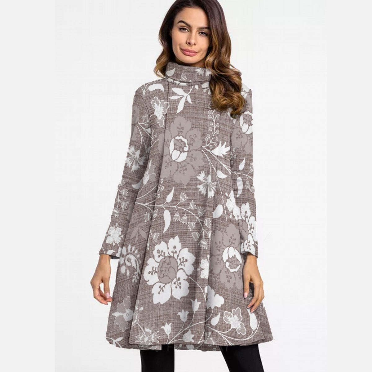 All-Over Print Women's High Neck Dress With Long Sleeve