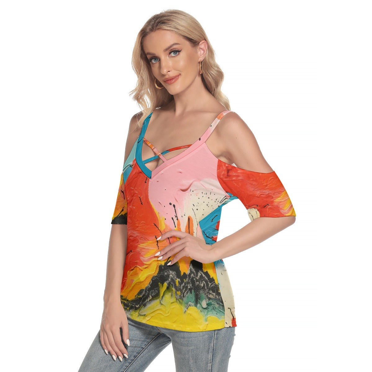 All-Over Print Women's Cold Shoulder T-shirt With Criss Cross Strips