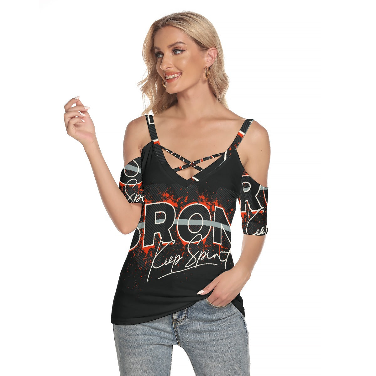 All-Over Print Women's Cold Shoulder T-shirt With Criss Cross Strips