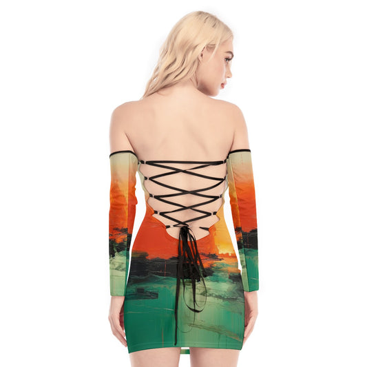 All-Over Print Women's Off-shoulder Back Lace-up Dress