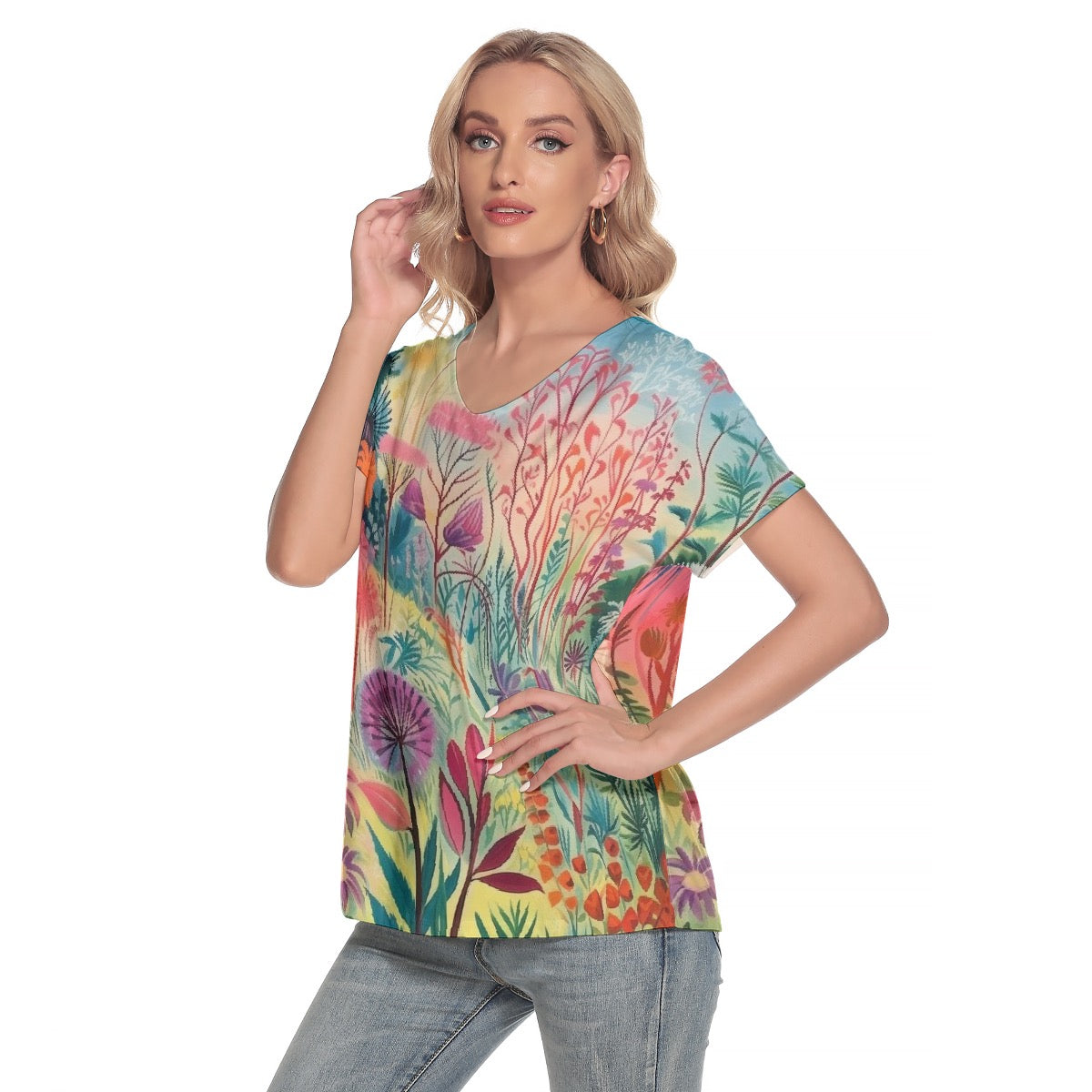 All-Over Print Women's Loose V-neck Short Sleeve T-shirt