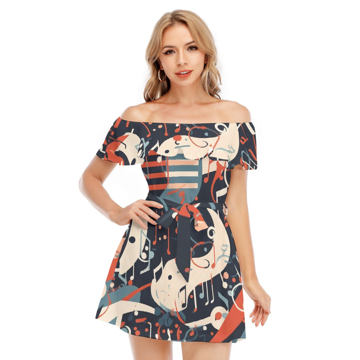 All-Over Print Women's Off-shoulder Dress With Ruffle