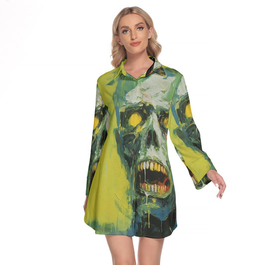 All-Over Print Women's Lapel Shirt Dress With Long Sleeve