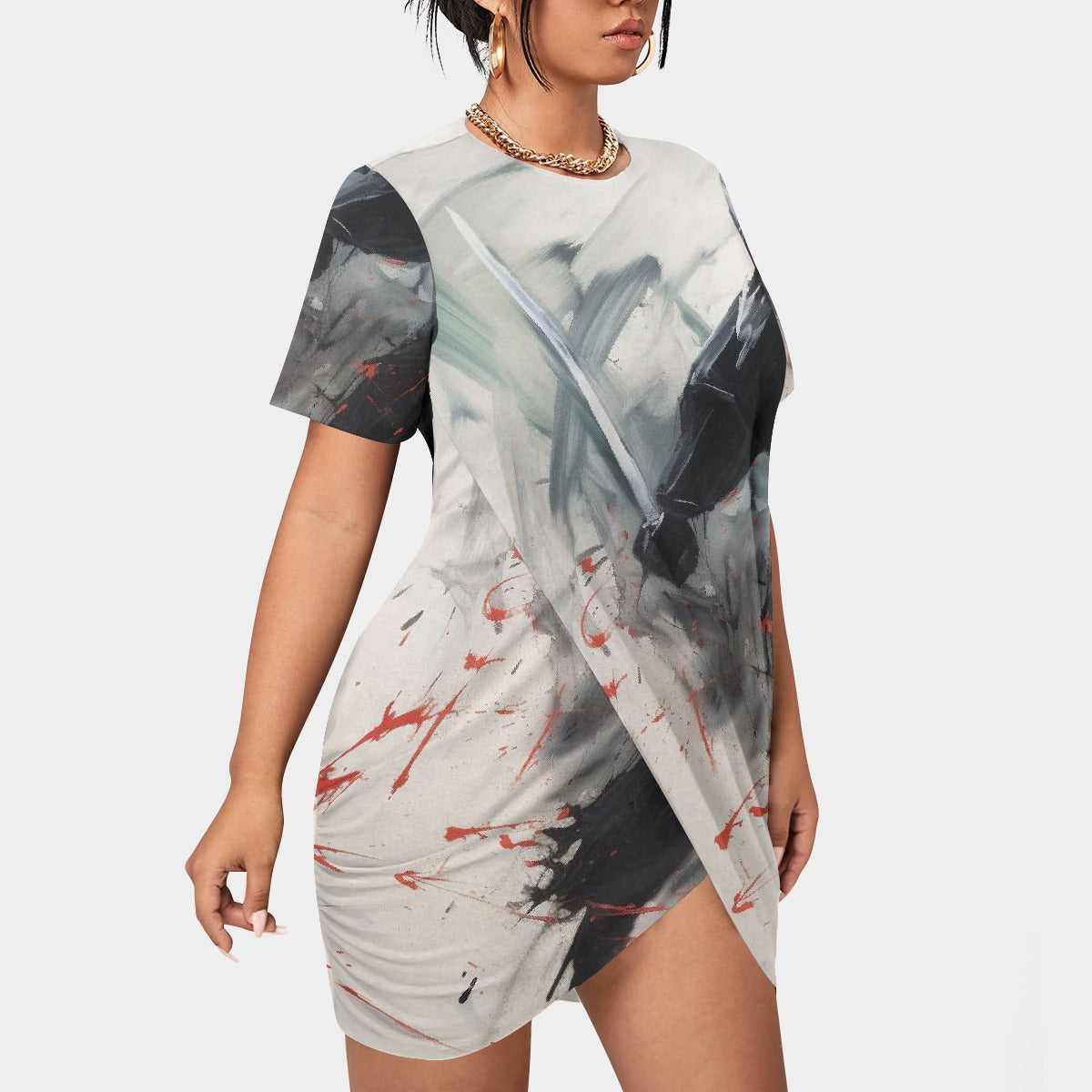 All-Over Print Women’s Stacked Hem Dress With Short Sleeve（Plus Size）