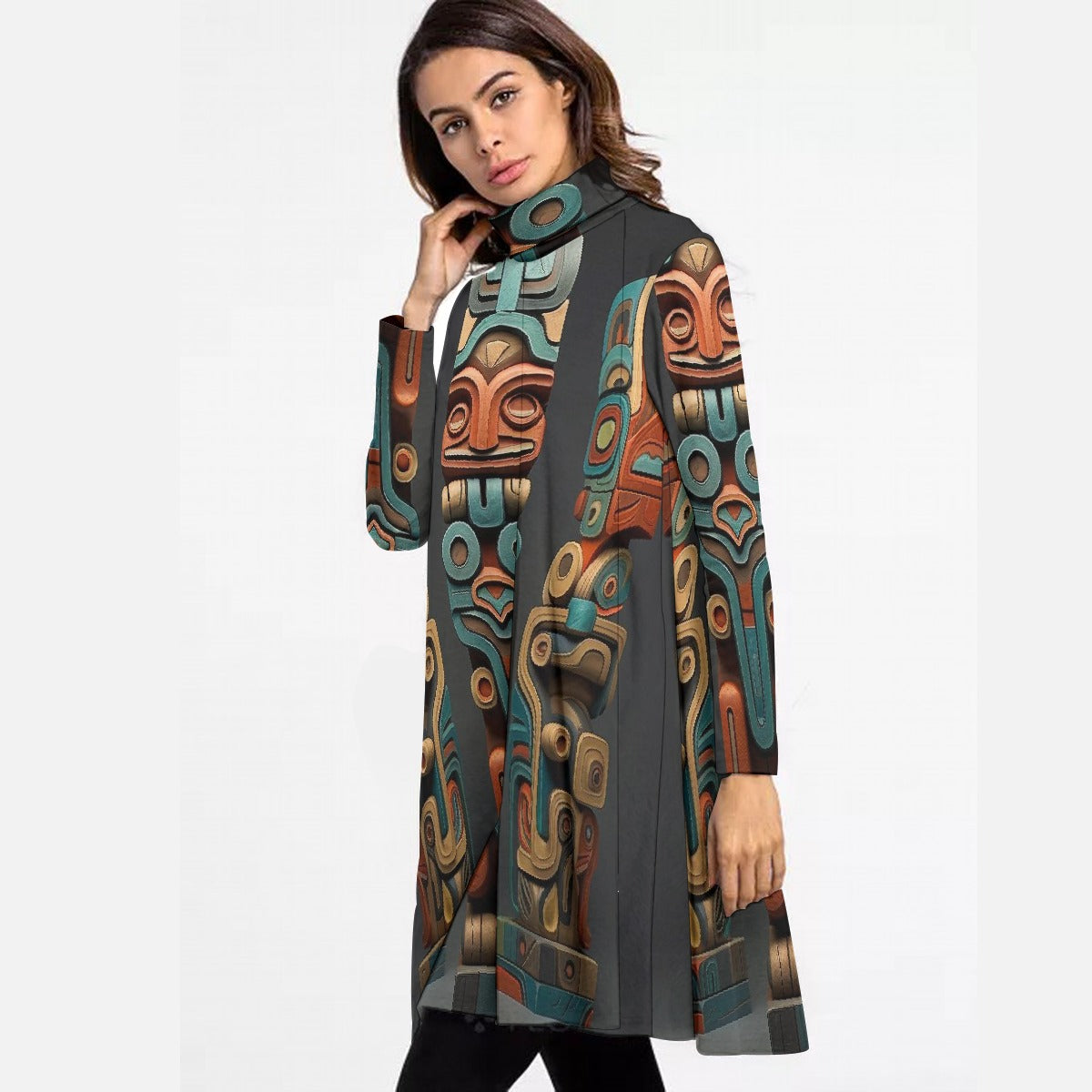 All-Over Print Women's High Neck Dress With Long Sleeve