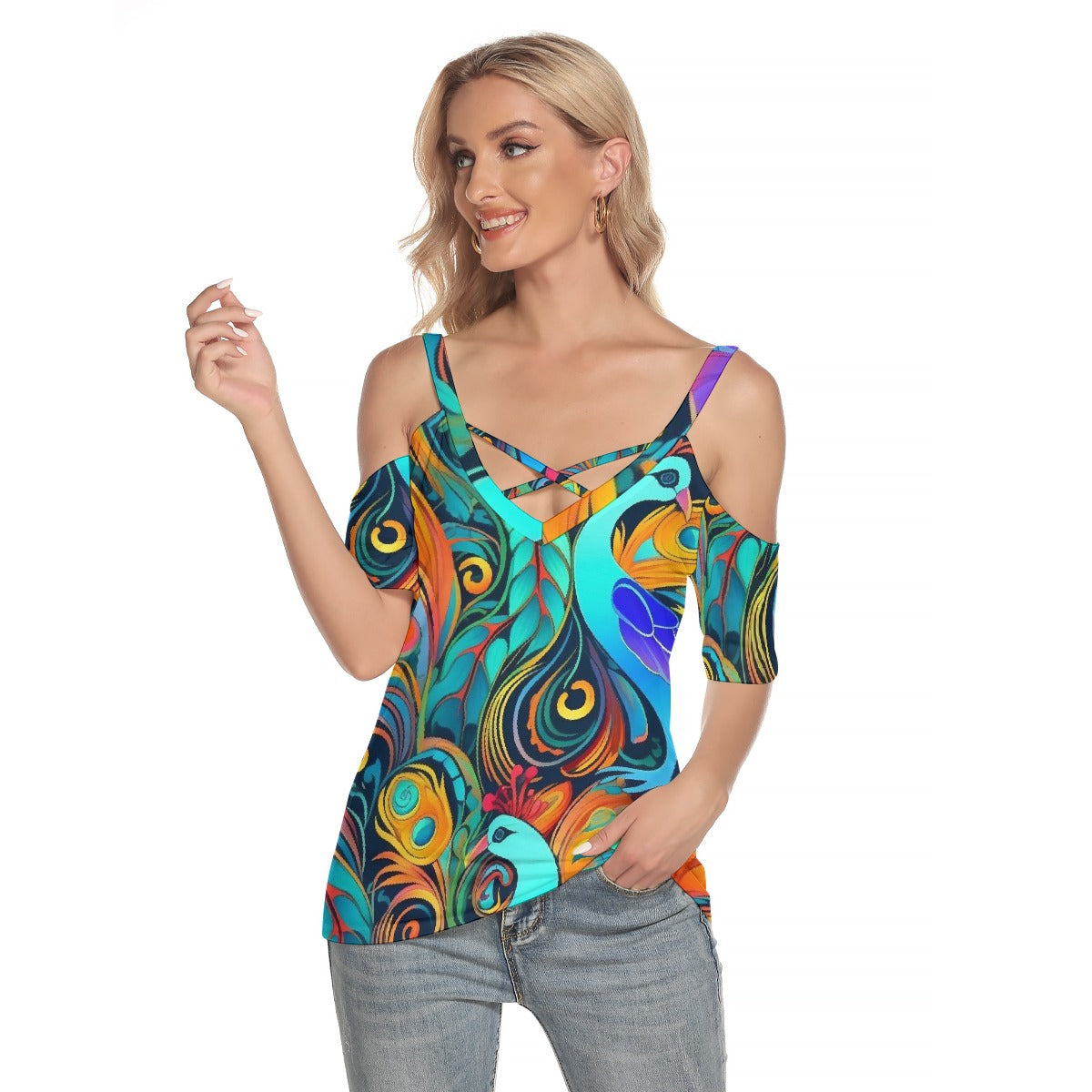 All-Over Print Women's Cold Shoulder T-shirt With Criss Cross Strips