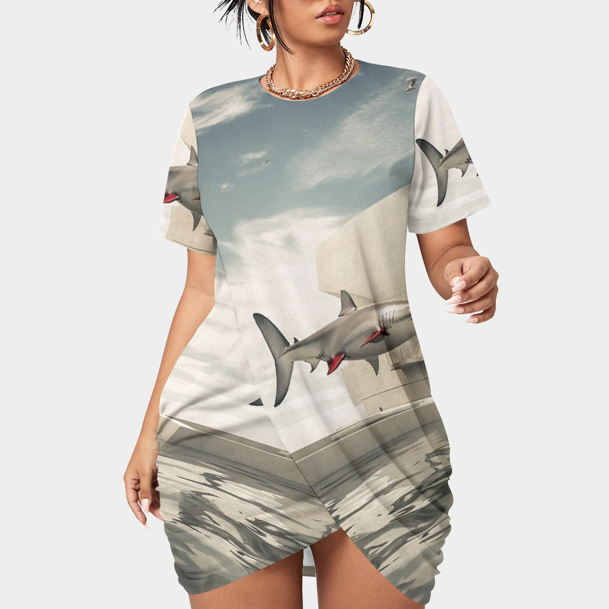 All-Over Print Women’s Stacked Hem Dress With Short Sleeve（Plus Size）