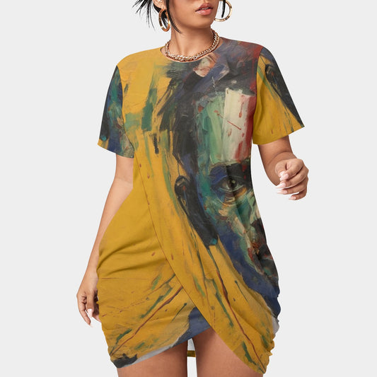 All-Over Print Women’s Stacked Hem Dress With Short Sleeve（Plus Size）