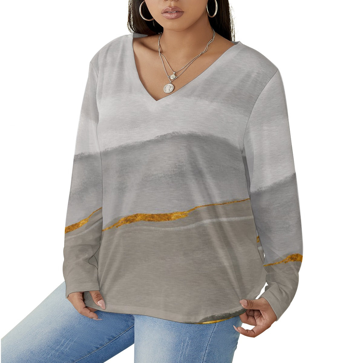 All-Over Print Women's V-neck T-shirt With Curved Hem(Plus Size)