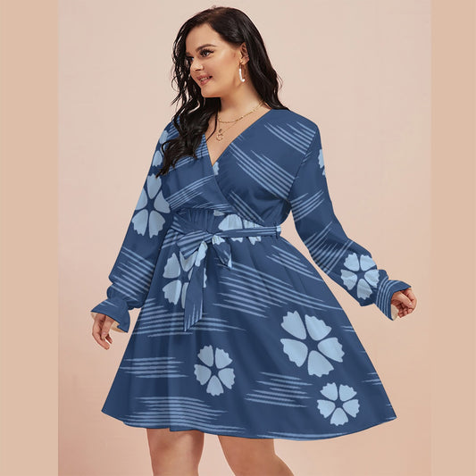 All-Over Print Women's V-neck Dress With Waistband(Plus Size)