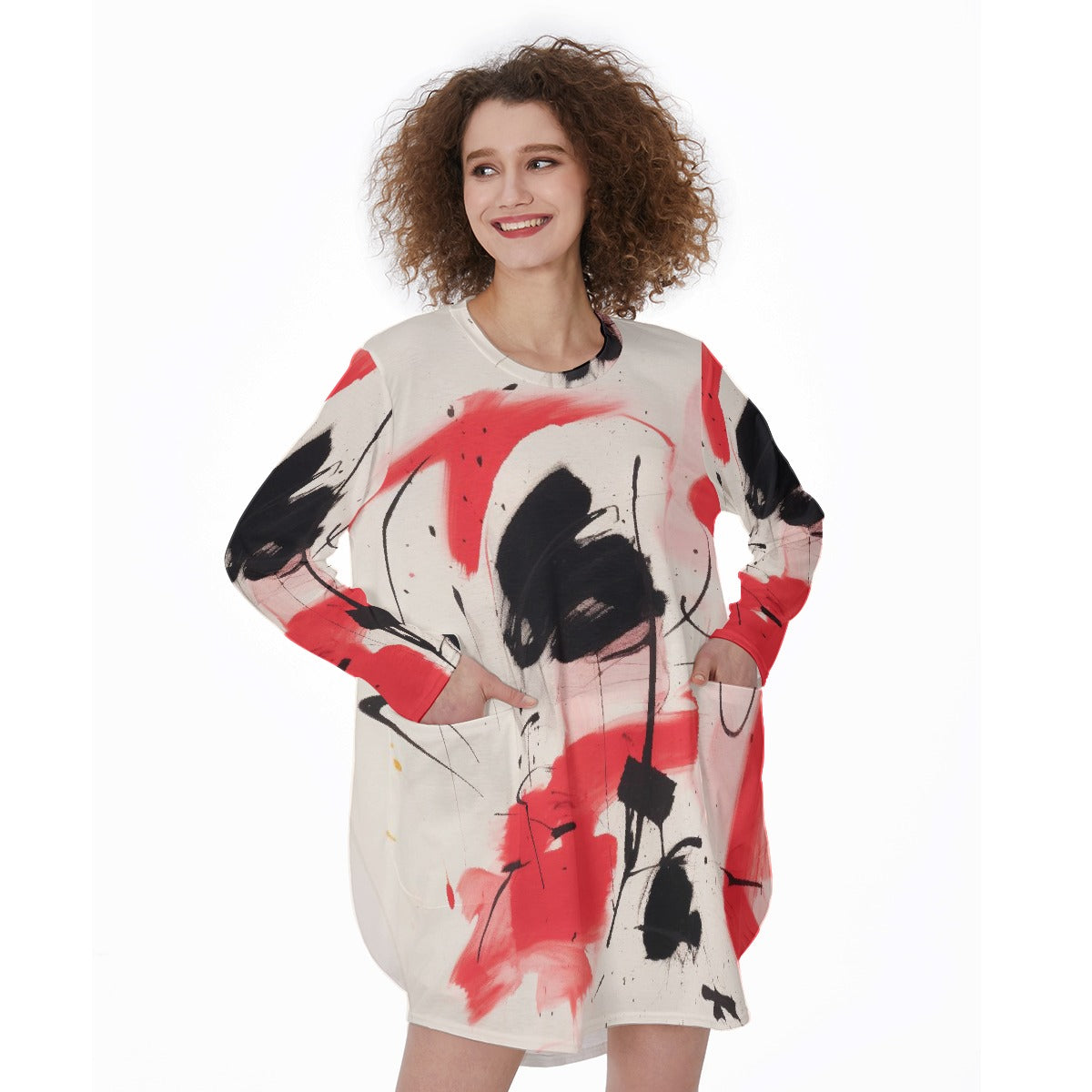 All-Over Print Women's Casual Loose Long Sleeve Dress With Pocket