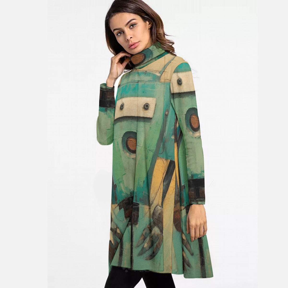 All-Over Print Women's High Neck Dress With Long Sleeve