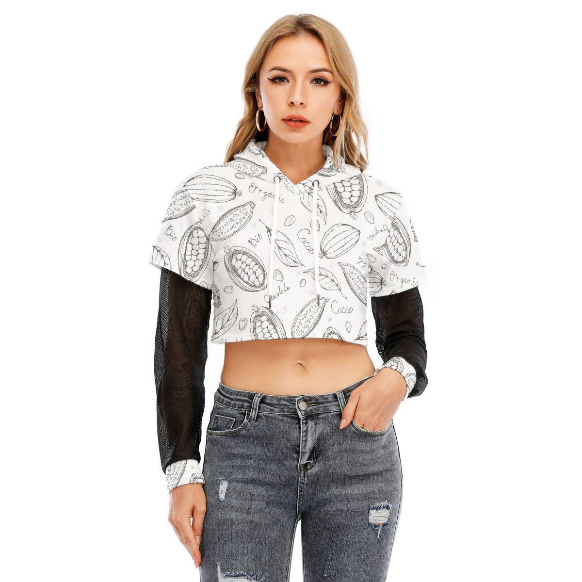 All-Over Print Women's Fake Two-piece Mesh Sleeve Cropped Hoodie