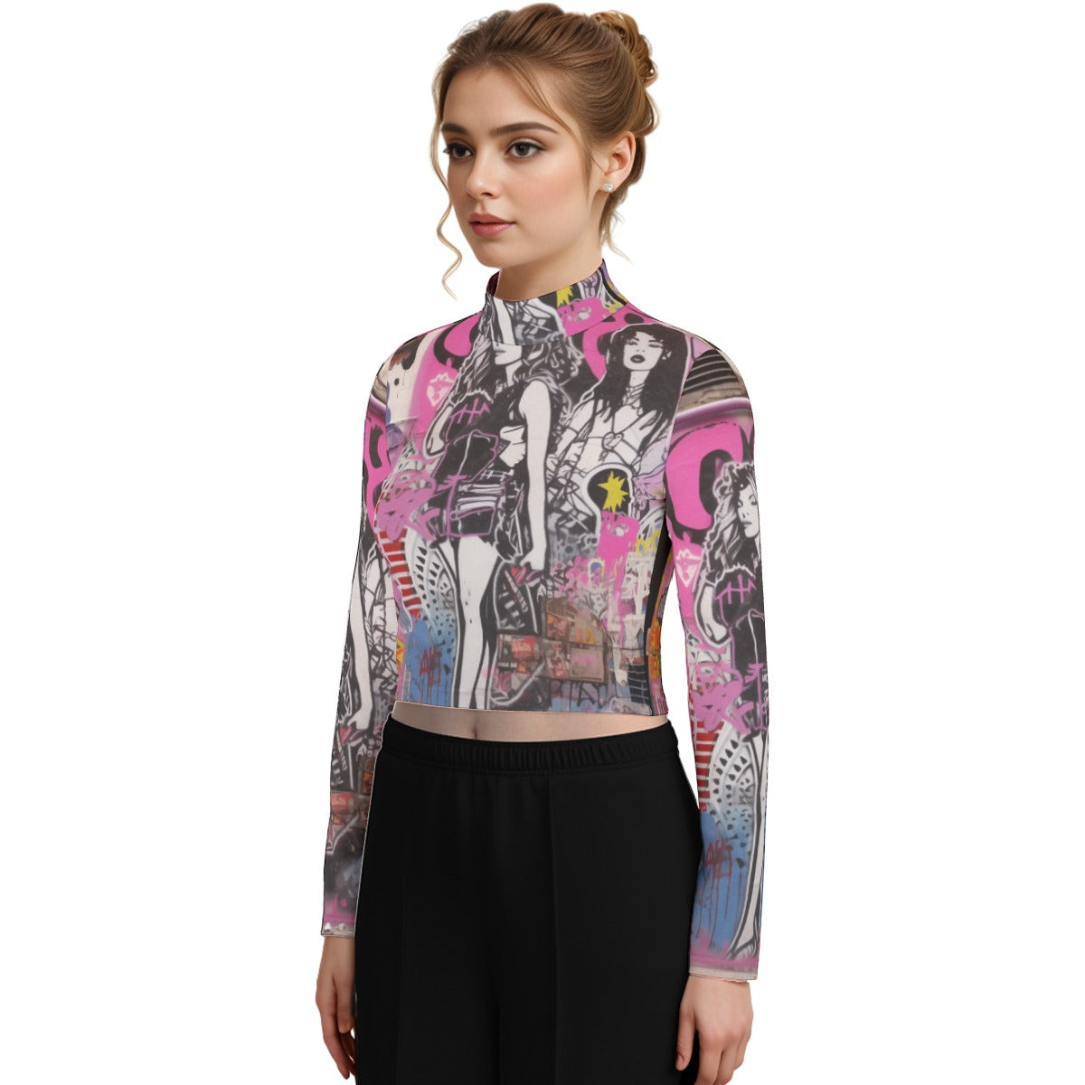 Eco-Friendly All-Over Print Women's Turtleneck T-shirt With Long Sleeve