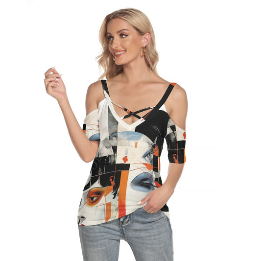 All-Over Print Women's Cold Shoulder T-shirt With Criss Cross Strips