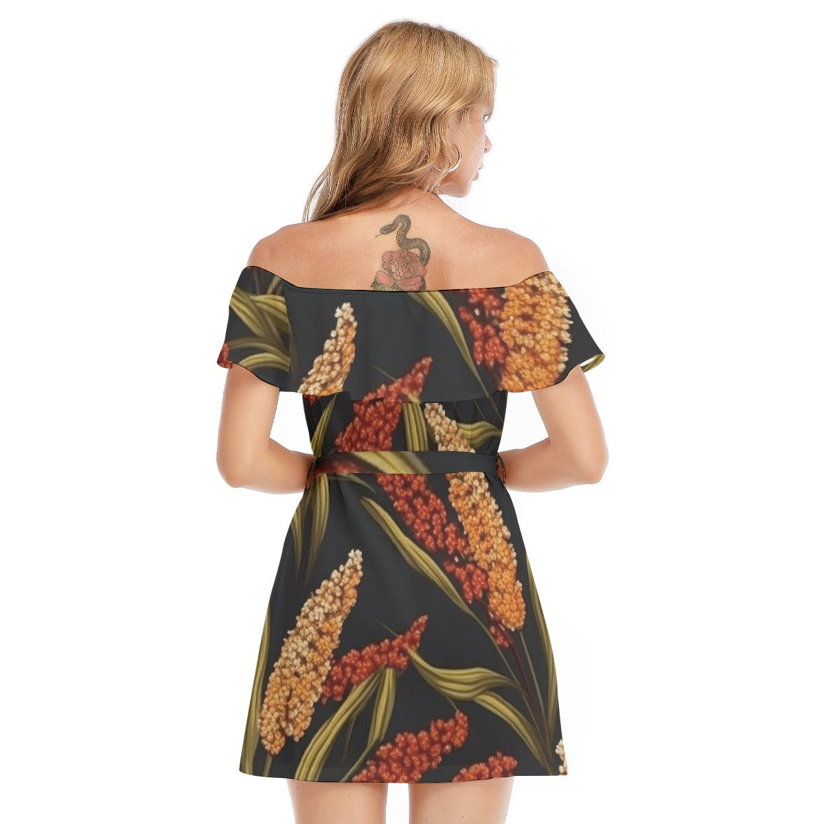 All-Over Print Women's Off-shoulder Dress With Ruffle