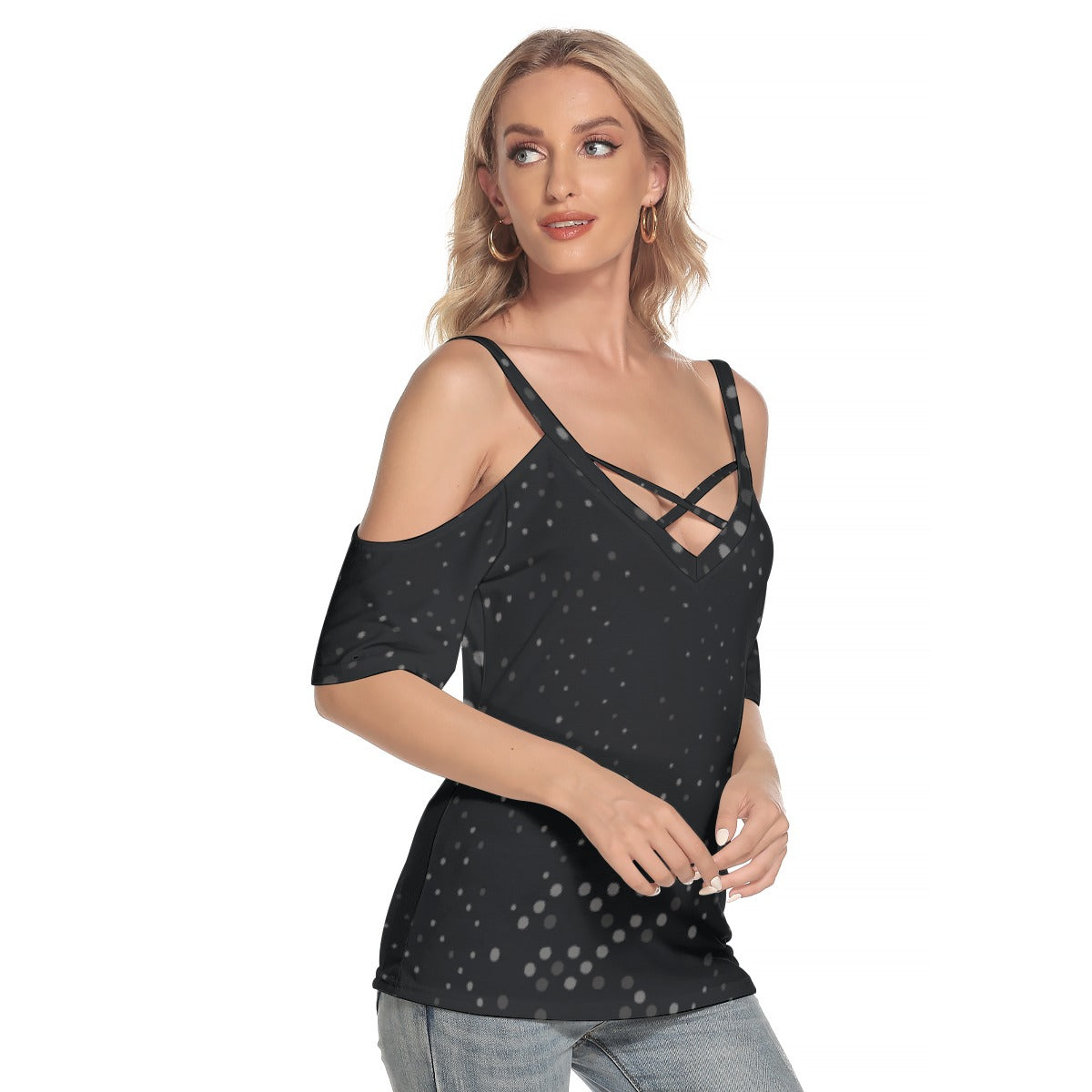 All-Over Print Women's Cold Shoulder T-shirt With Criss Cross Strips