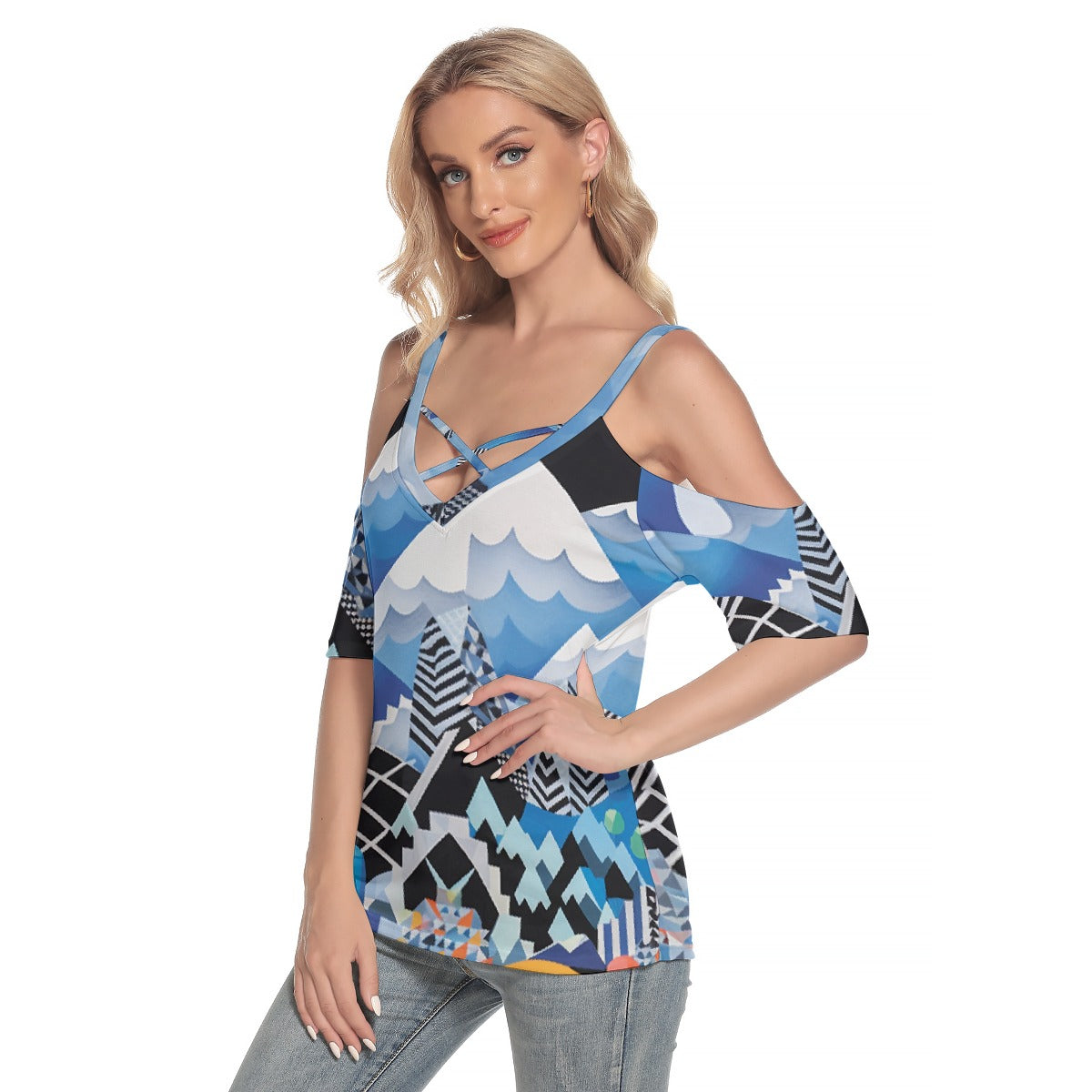 All-Over Print Women's Cold Shoulder T-shirt With Criss Cross Strips