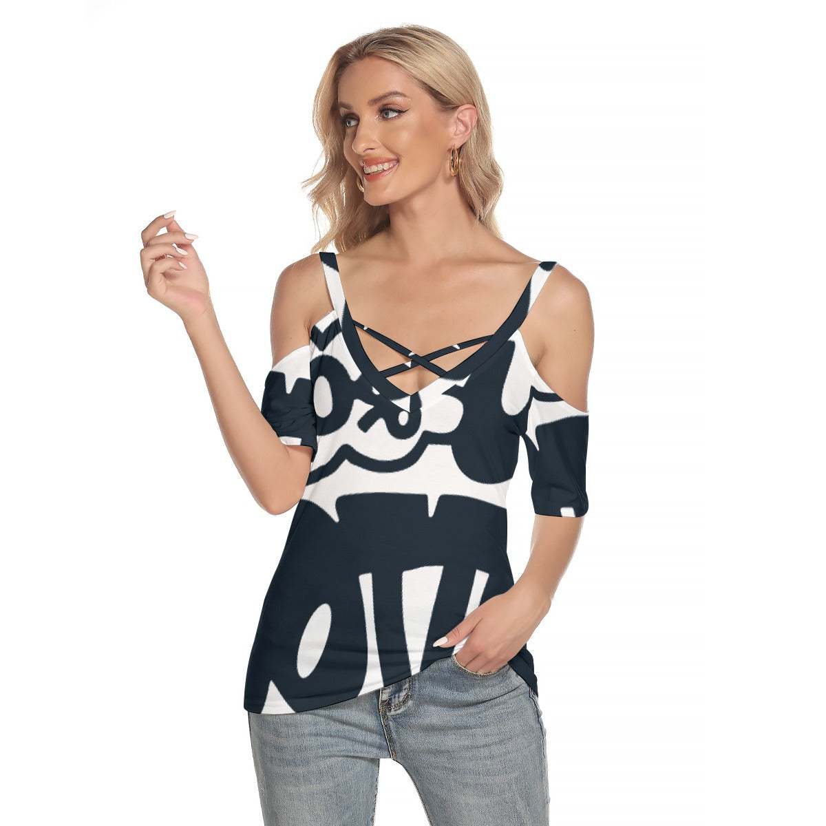 All-Over Print Women's Cold Shoulder T-shirt With Criss Cross Strips