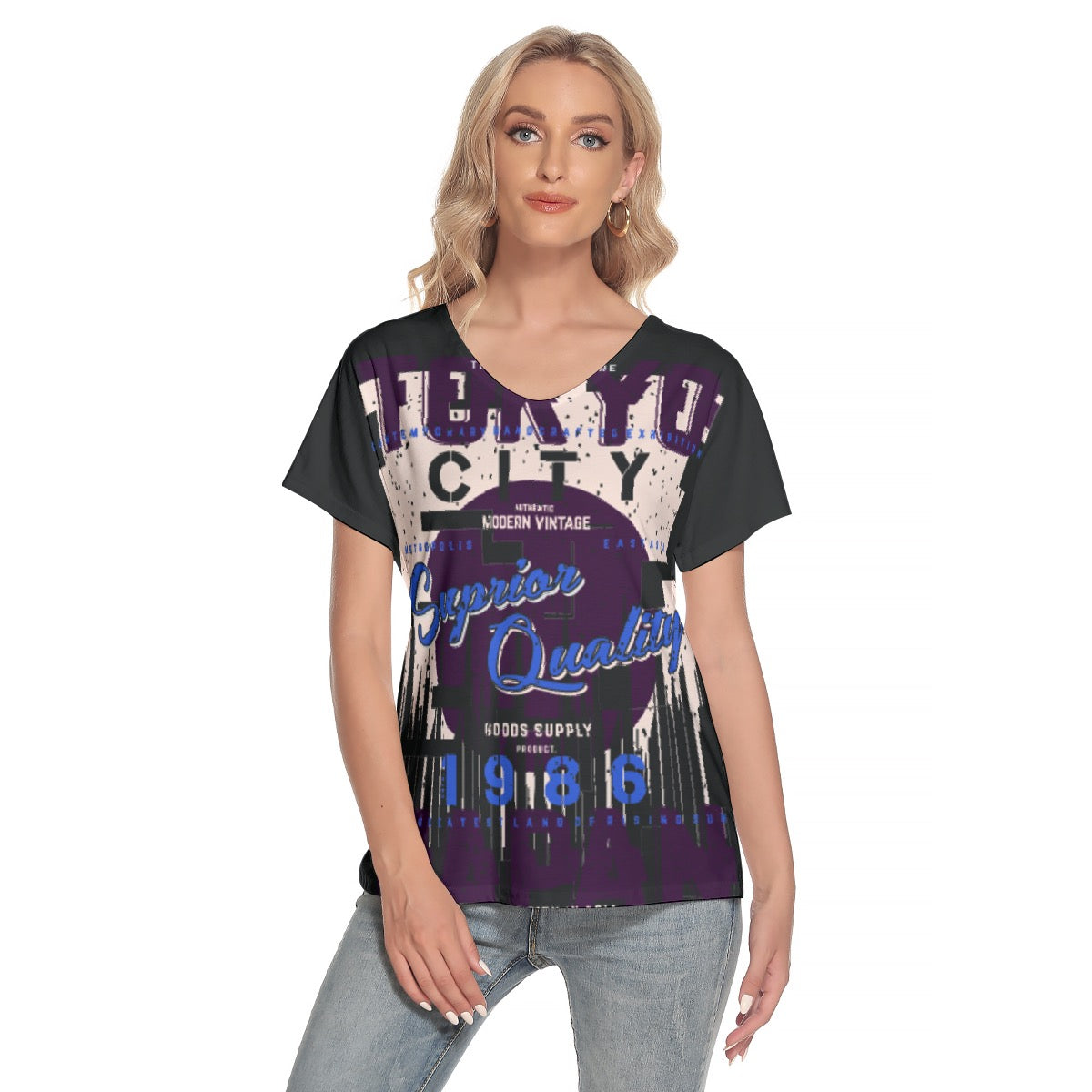 All-Over Print Women's Loose V-neck Short Sleeve T-shirt