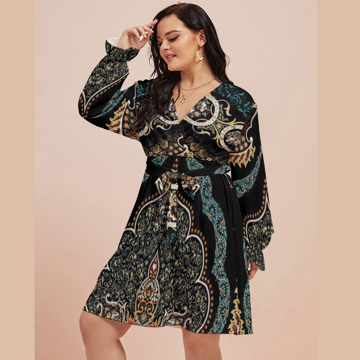 All-Over Print Women's V-neck Dress With Waistband(Plus Size)