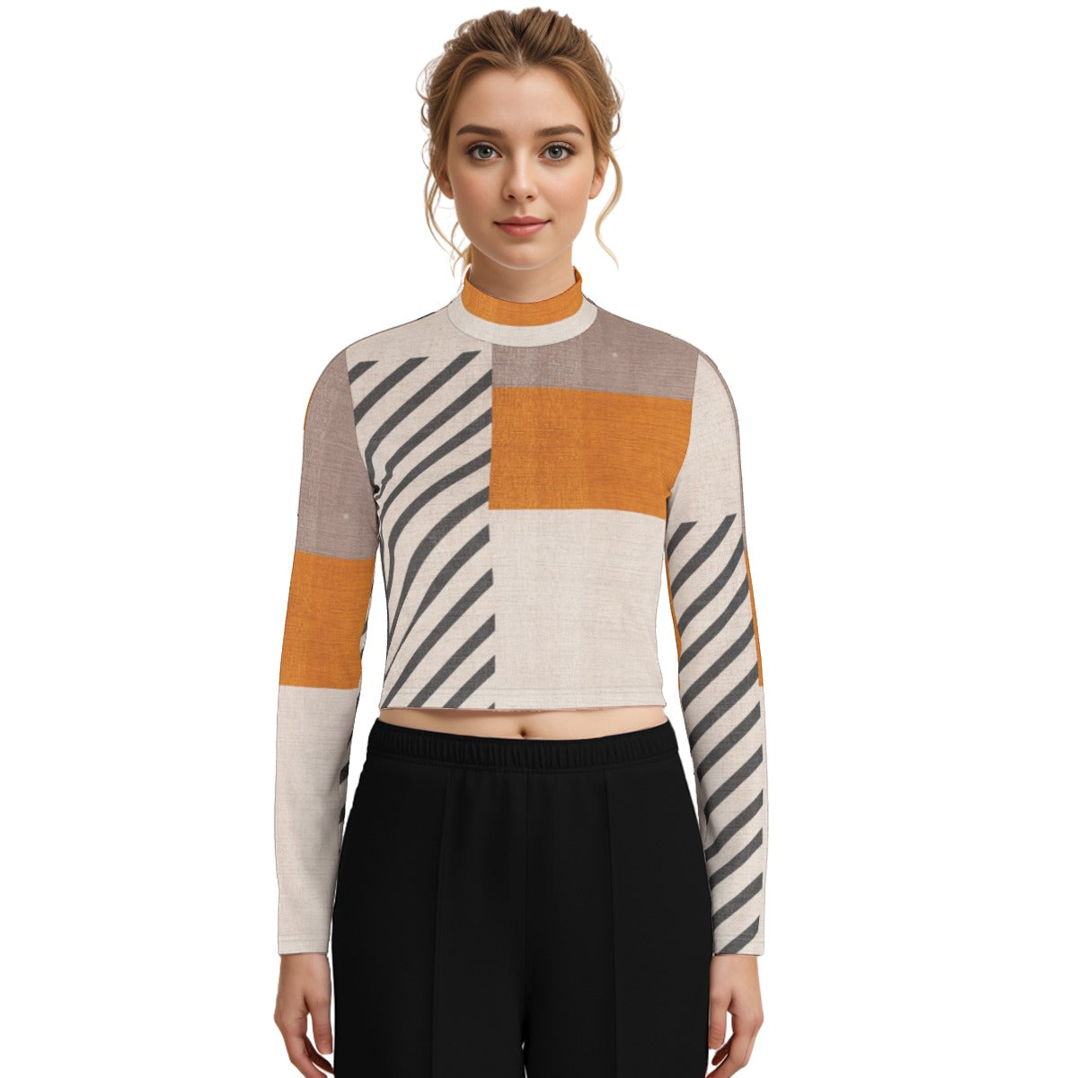 Eco-Friendly All-Over Print Women's Turtleneck T-shirt With Long Sleeve