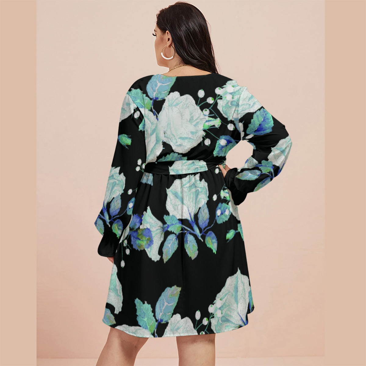 All-Over Print Women's V-neck Dress With Waistband(Plus Size)